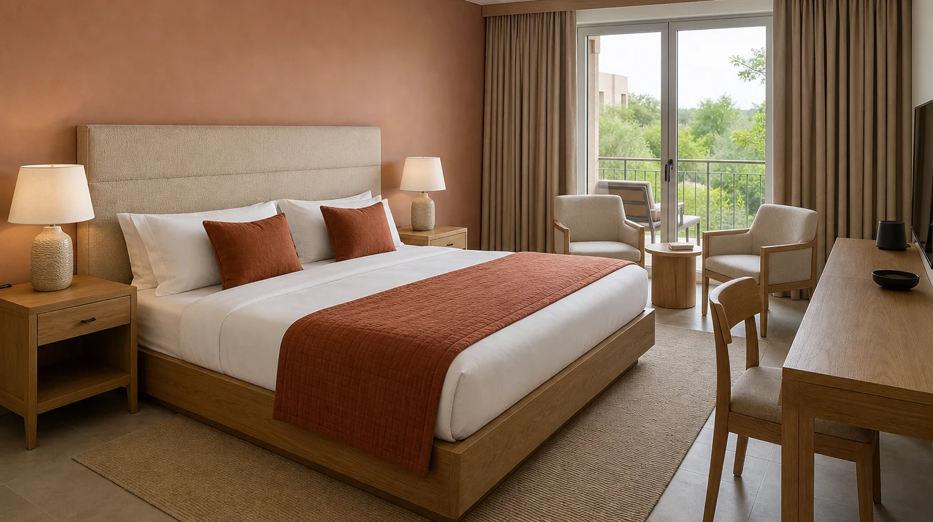 a textured sand upholstered hotel headboard, natural oak nightstands and a substantial oak bed base in clean daylight