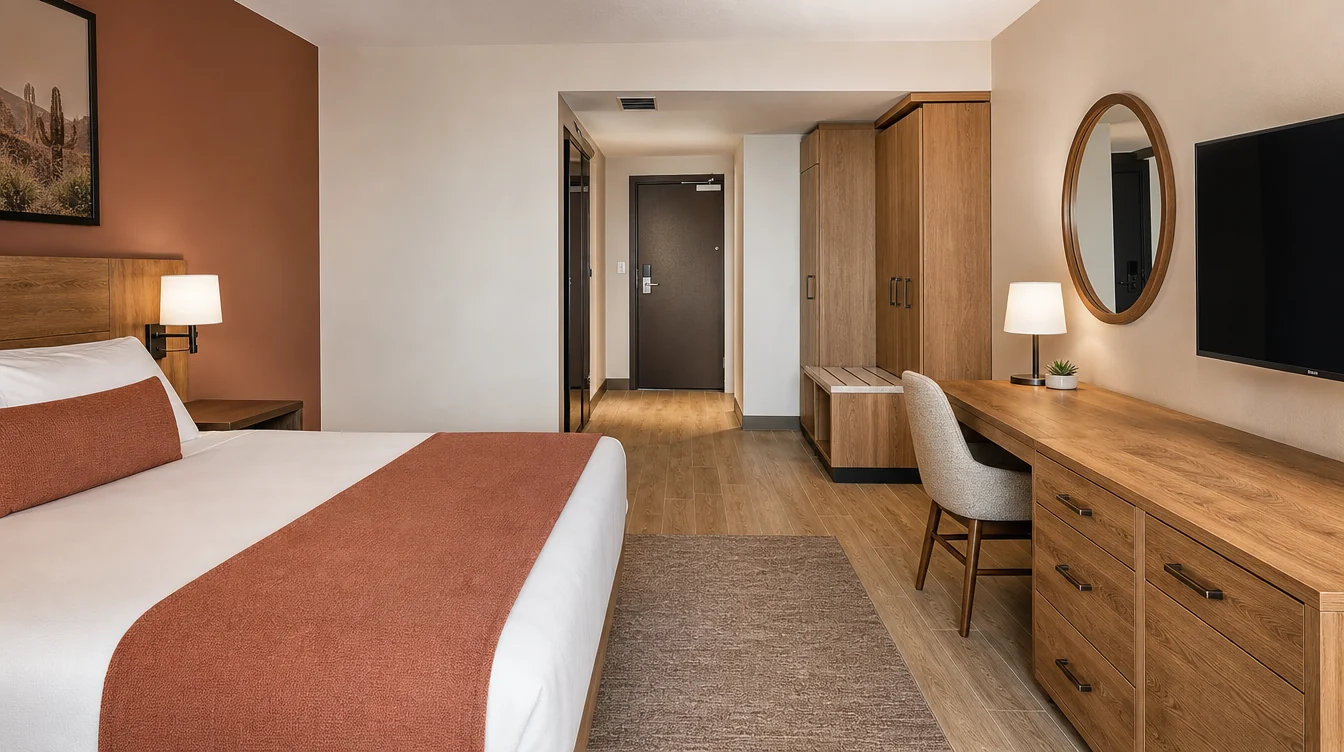 a natural oak writing desk, dresser and wardrobe with a sand upholstered chair and clear luggage surface inside an Arizona hotel room
