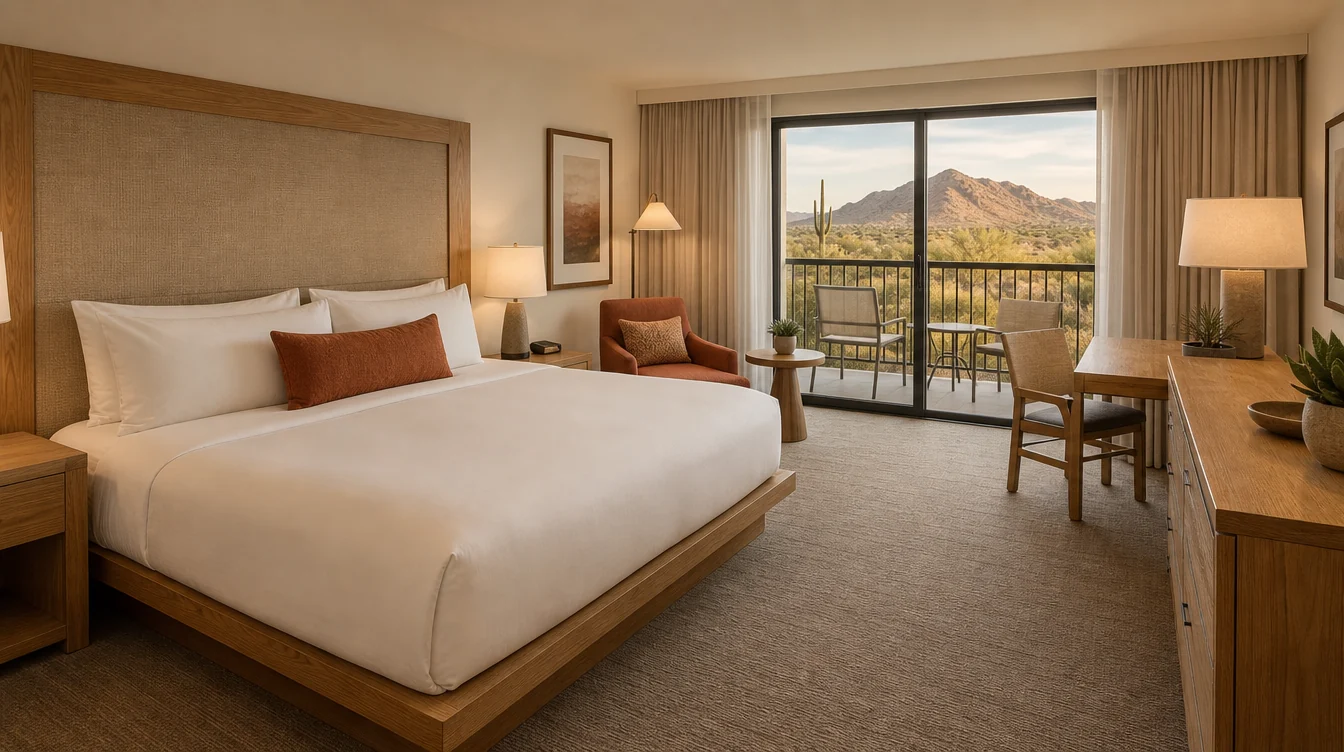 an Arizona resort hotel king guest room with natural oak furniture, textured sand headboard and a muted terracotta lounge chair, soft desert landscape beyond the window