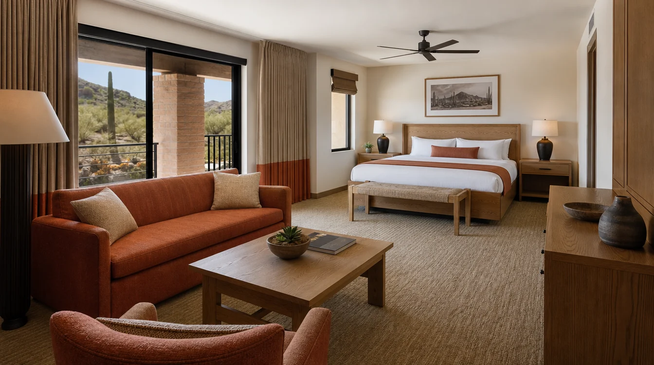 an Arizona hotel suite with a coordinated oak bedroom package and separate terracotta upholstered sitting area, natural light and restrained desert-toned finishes