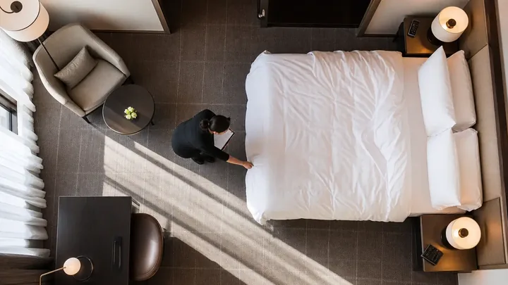 Overhead view of neatly arranged hotel room furnishings in morning light