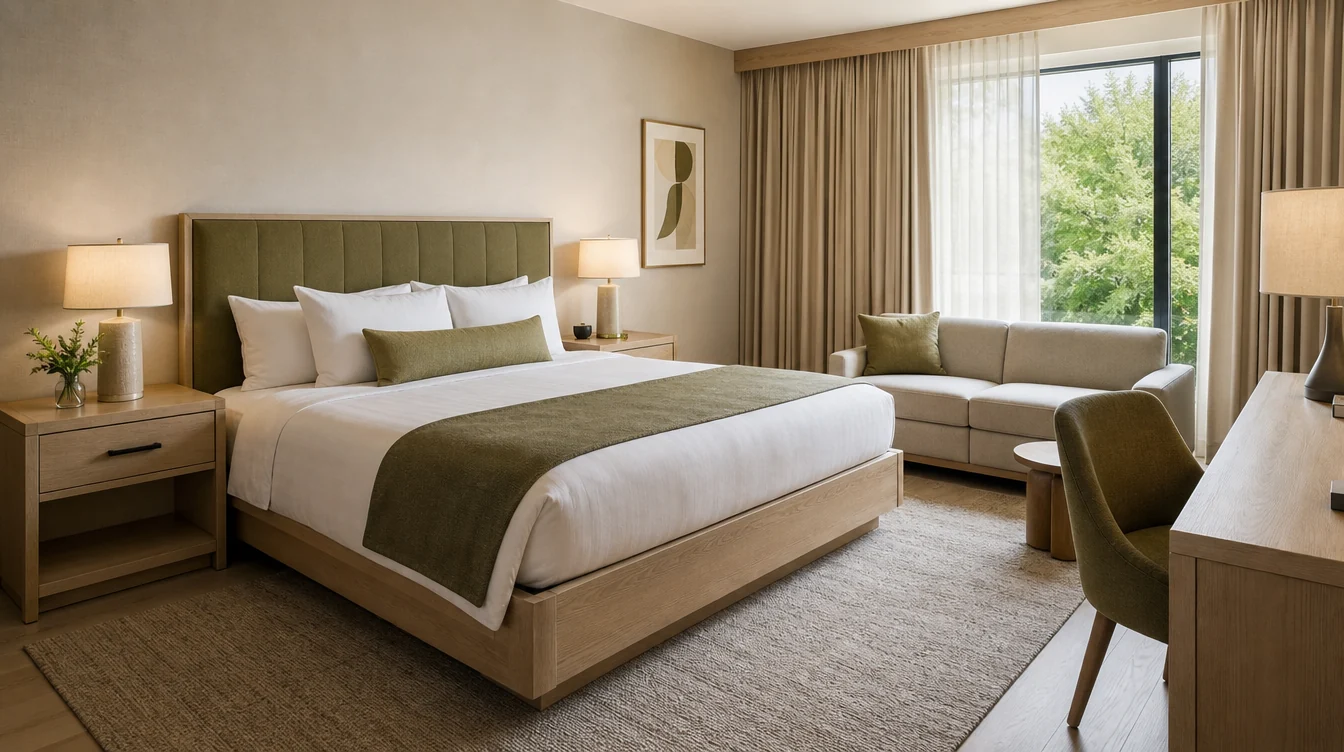a pale oak bed base with a tailored upholstered headboard and substantial matching nightstands, bedside lamps and clearly visible furniture joinery