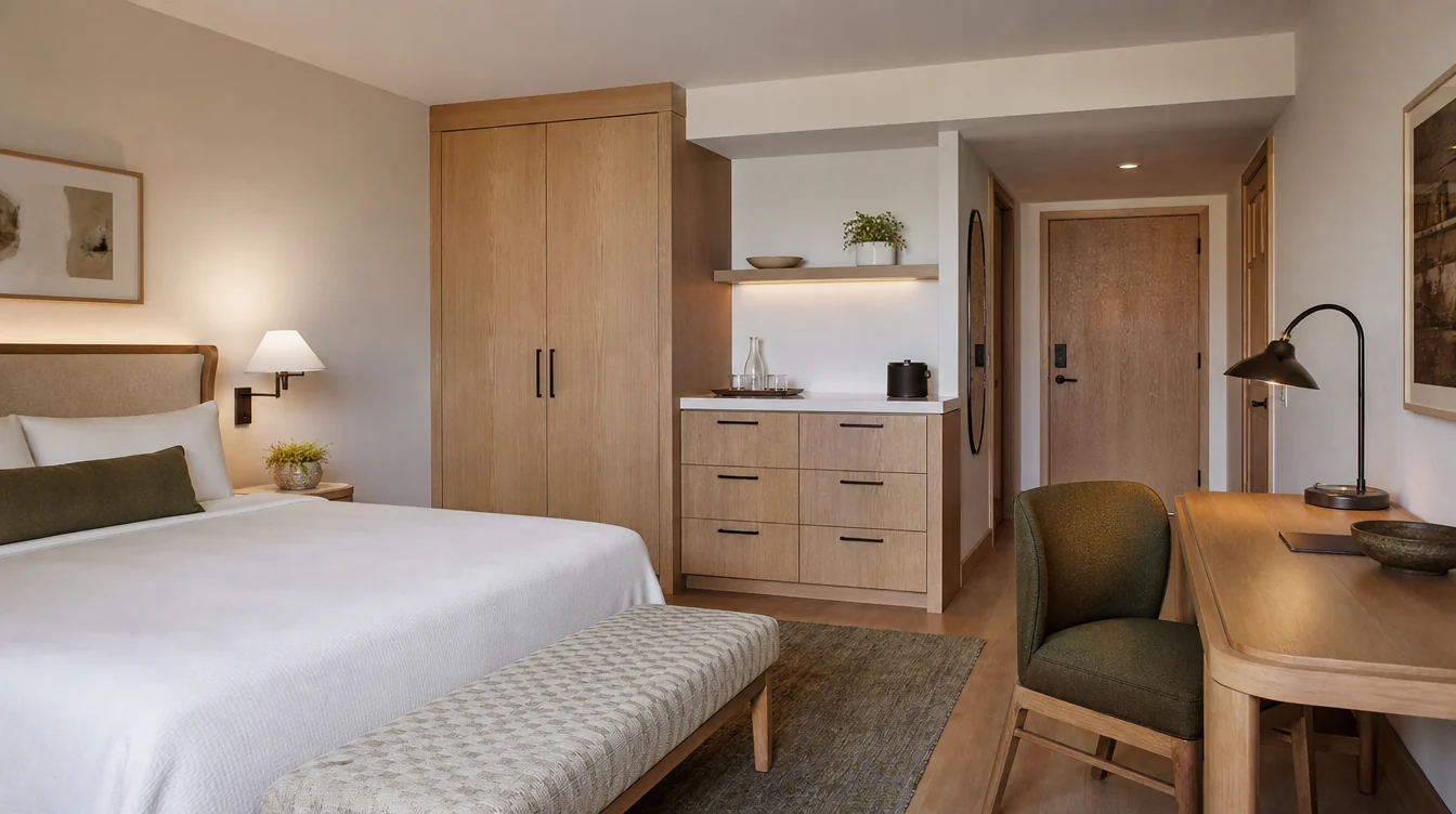 an oak wardrobe and integrated dresser beside a separate writing desk and olive upholstered desk chair in a California hotel bedroom
