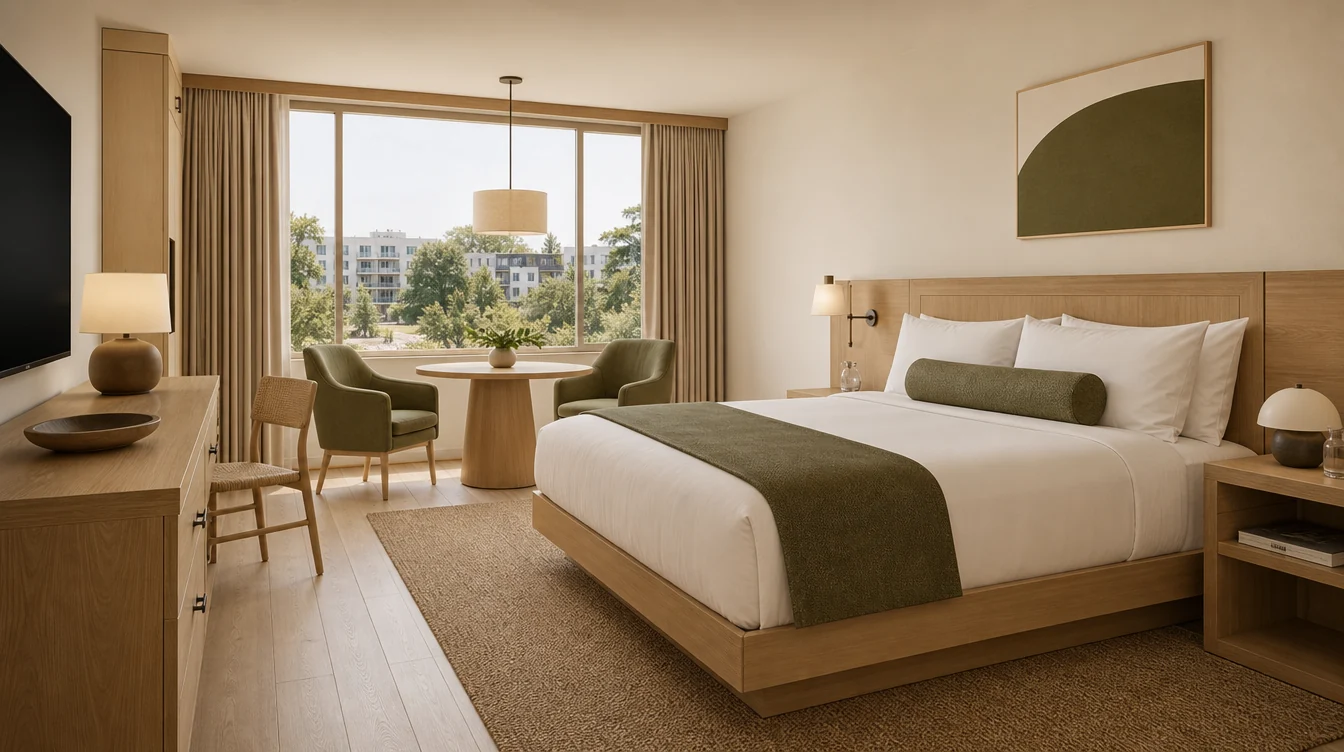 Hotel king room with coordinated headboard, bedside furniture, storage and lounge seating
