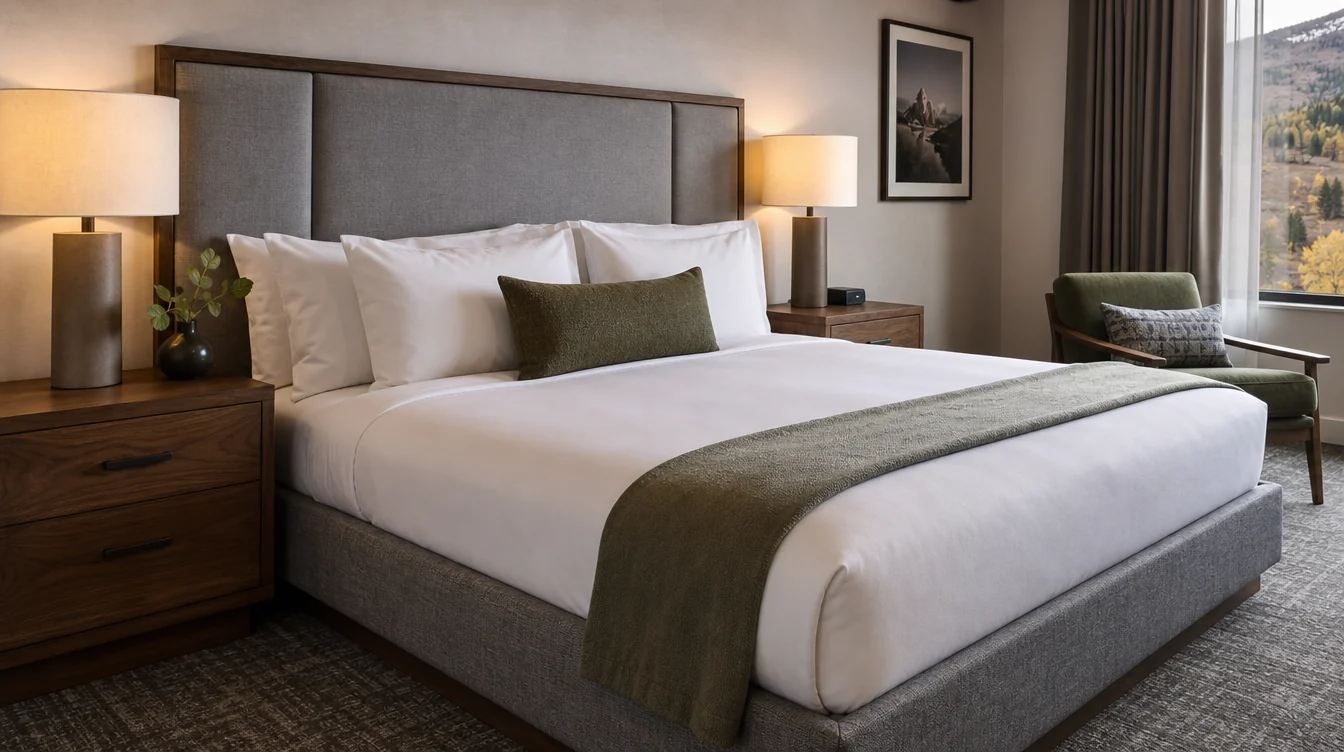 a Colorado hotel bedside package with natural walnut nightstands, a warm gray upholstered headboard and matching bed base, photographed closely enough to see practical drawer hardware and clear side space