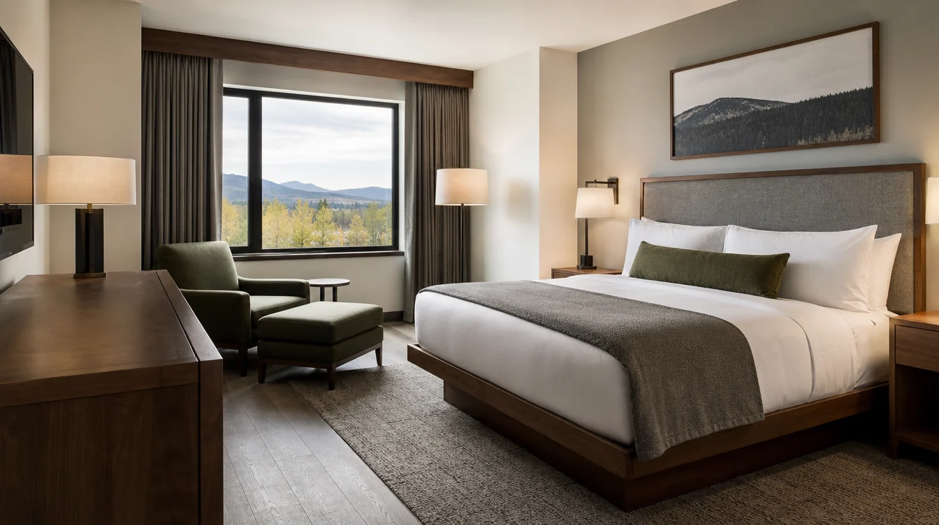 a Colorado hotel king guest room with natural walnut furniture, a warm gray upholstered headboard and a muted moss lounge chair, broad window light and a restrained distant foothill view