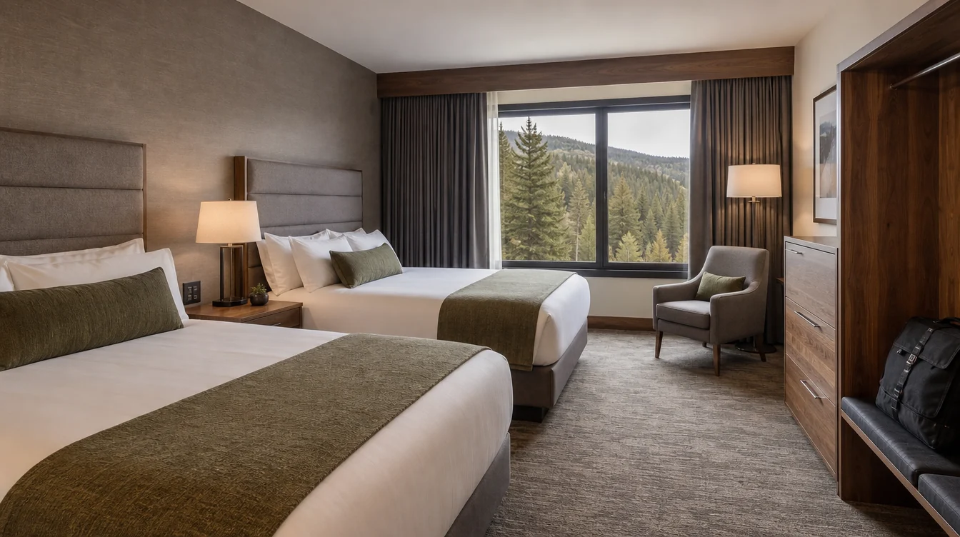 a Colorado mountain hotel double-queen room with coordinated warm gray headboards, walnut bedside furniture and generous separate luggage storage, a simple lounge chair near a window toward conifers and a distant hillside