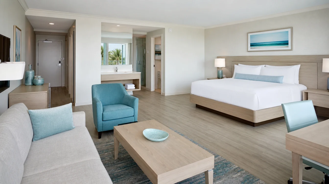 a Florida hotel king suite with a separate small seating area, sea-glass blue lounge chair, ash coffee table and coordinated bedroom casegoods
