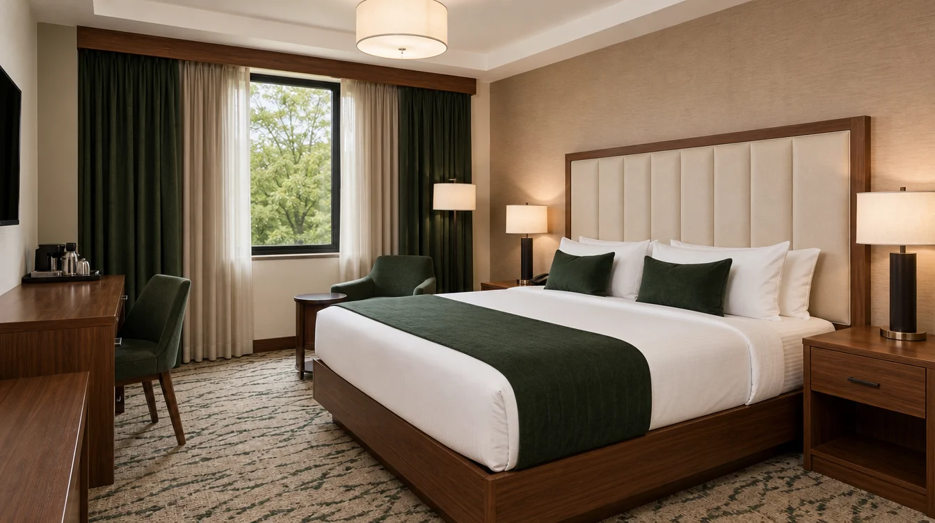 a cream upholstered headboard framed in pecan wood with practical matching nightstands and a coordinated hotel bed base