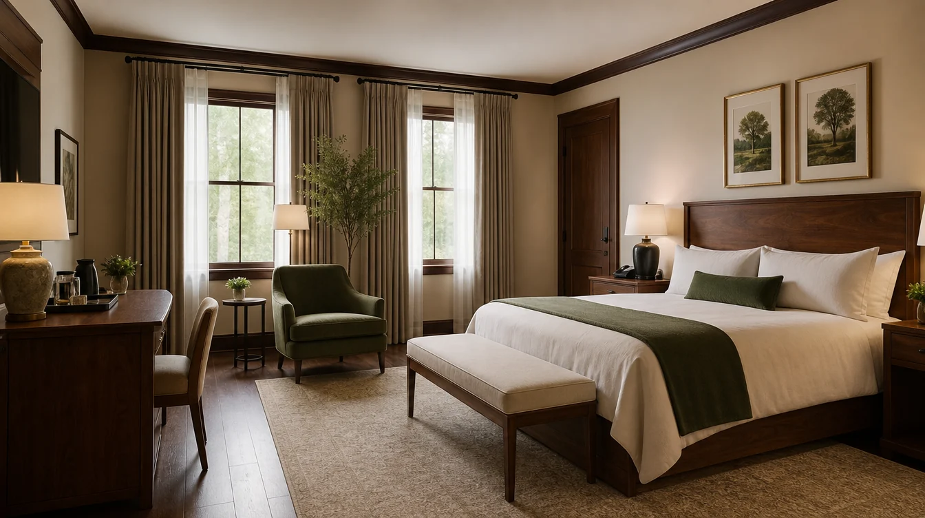 a Georgia boutique hotel king room with warm pecan wood furniture, cream bedding and a forest green lounge chair in soft daylight