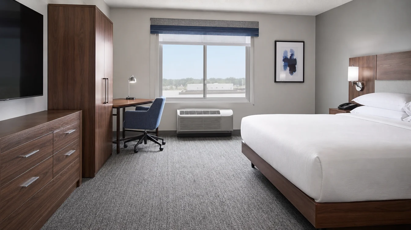 a walnut writing desk with a comfortable blue task chair, dresser and wardrobe in a practical Illinois hotel bedroom
