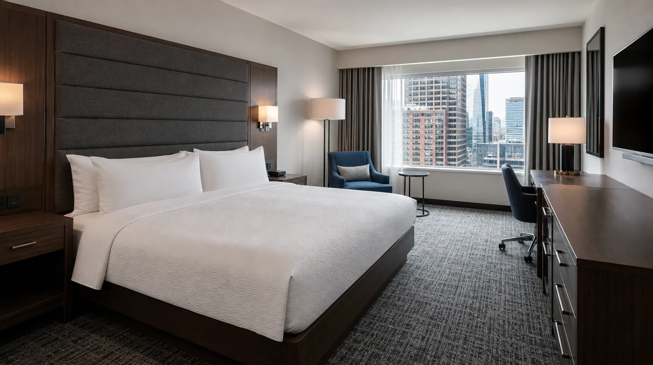 a Chicago-area business hotel king guest room with walnut furniture, stone gray upholstered headboard and restrained blue lounge seating near a large window