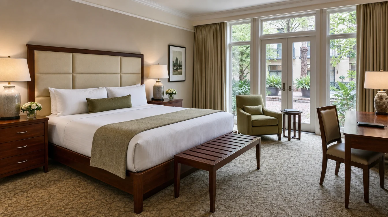 Coordinated king guest-room furniture in a Louisiana hotel