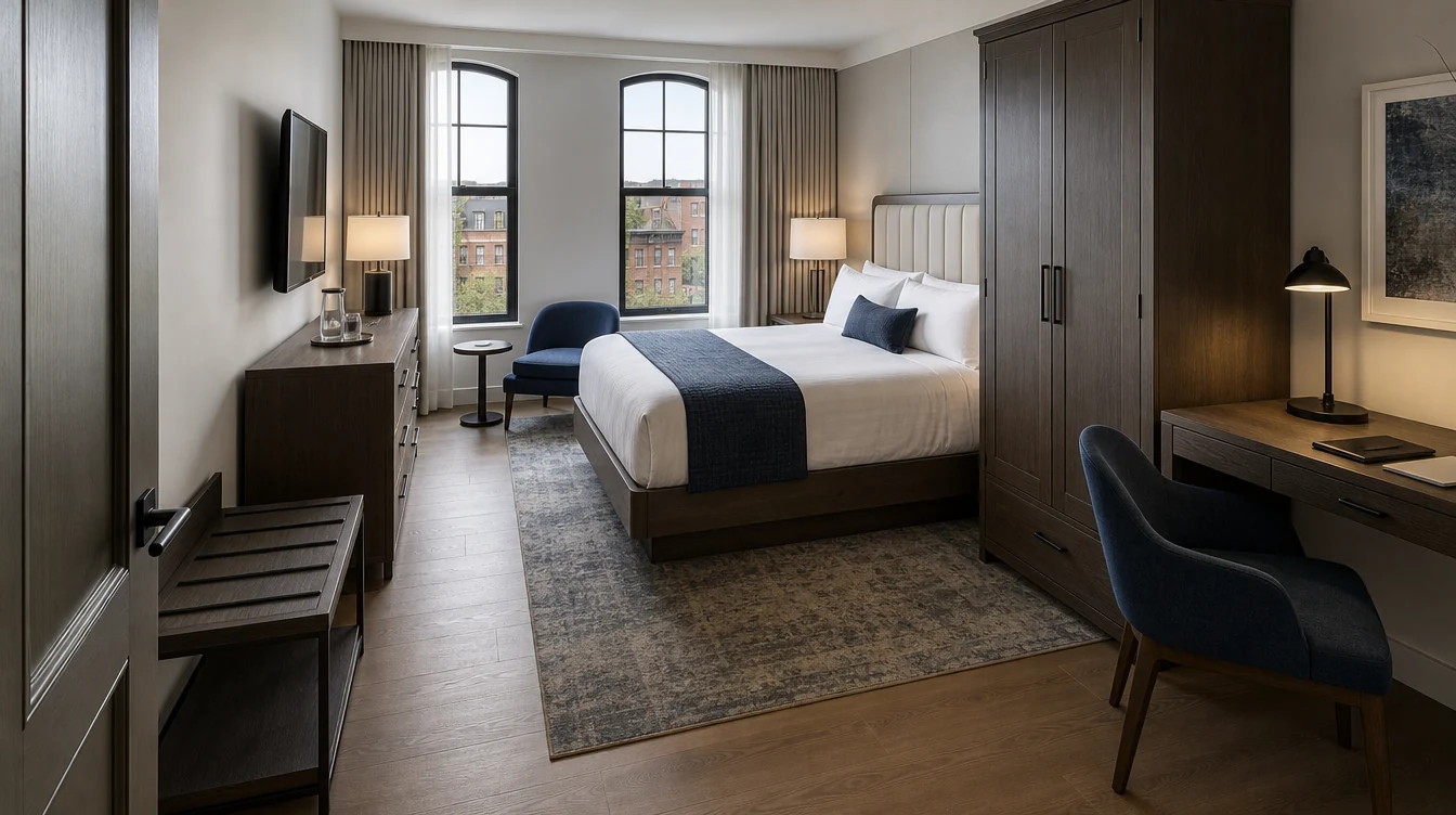 Hotel wardrobe, desk, dresser and luggage furniture in Massachusetts