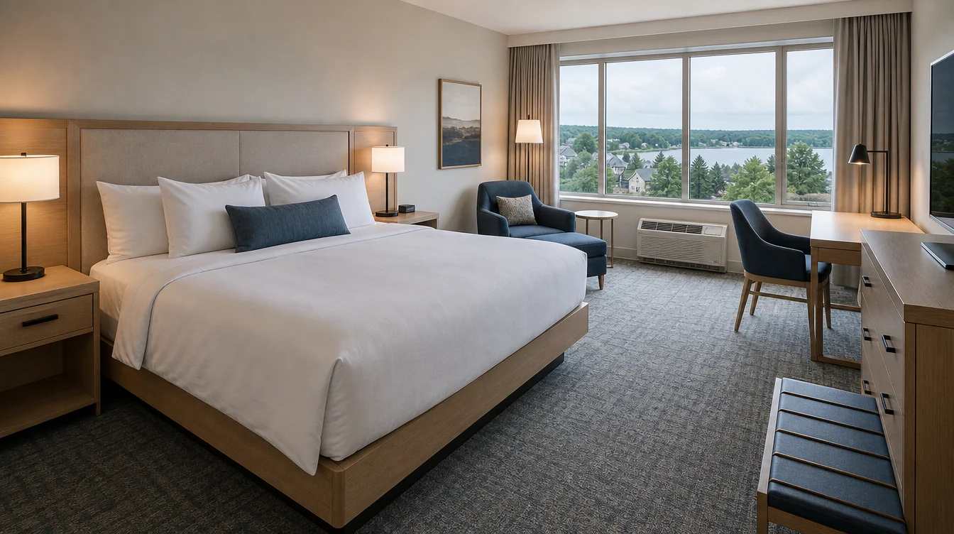 Coordinated king guest-room furniture in a Michigan hotel