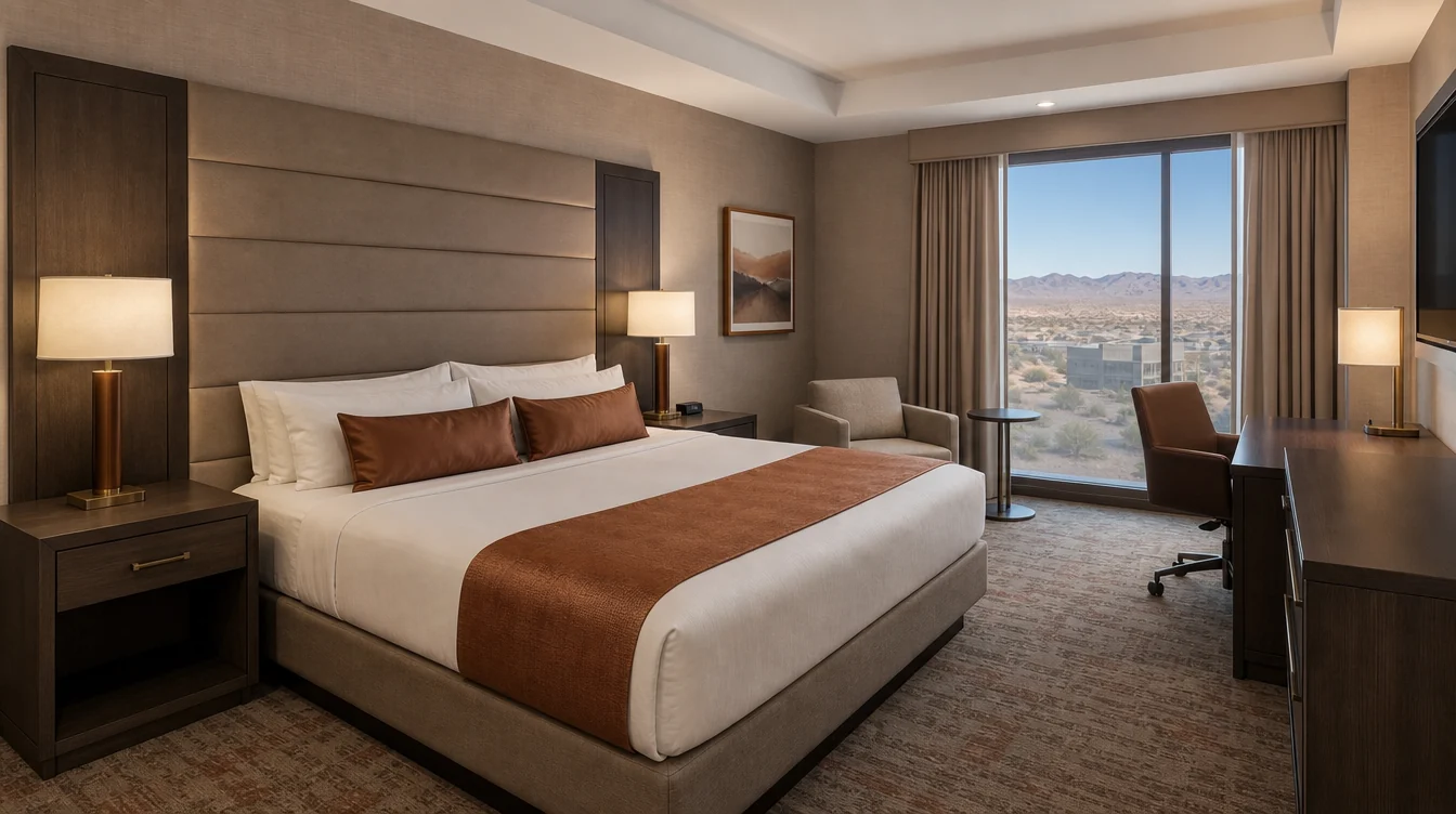 a broad taupe upholstered headboard with smoked oak nightstands and coordinated bed base in an upscale Nevada hotel guest room