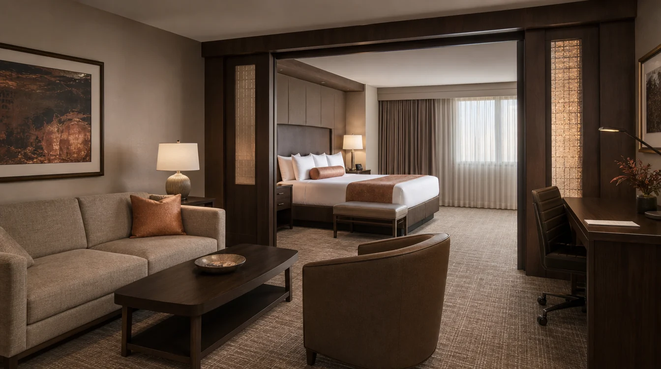 Coordinated hotel bedroom furniture and separate seating area