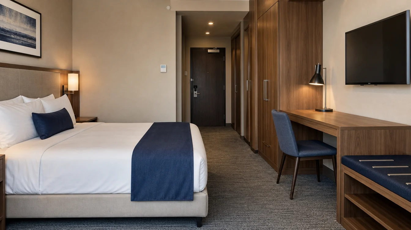 coordinated shallow writing desk, practical task chair, wardrobe and separate luggage bench in a compact hotel room