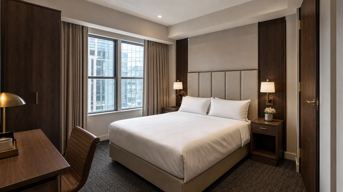 a tailored oatmeal hotel headboard, narrow walnut bedside cabinets and a carefully fitted bed base in a compact urban room