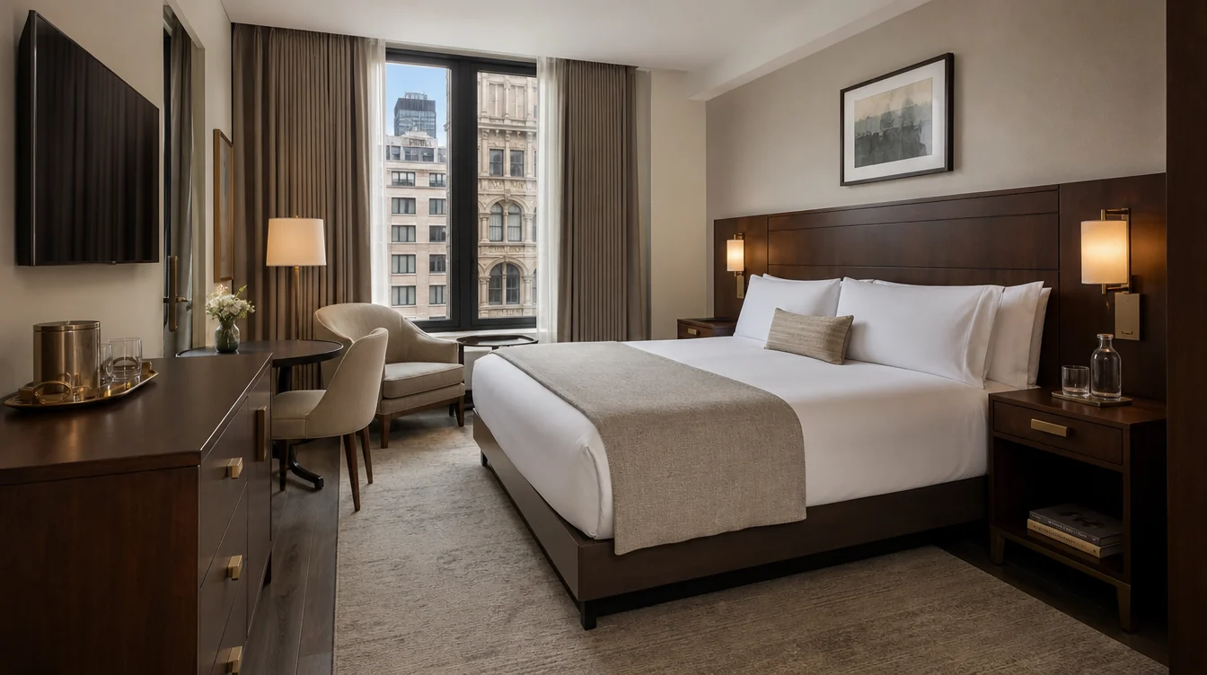 a compact New York boutique hotel king room with dark walnut furniture, oatmeal upholstery and a tall window toward soft-focus masonry facades