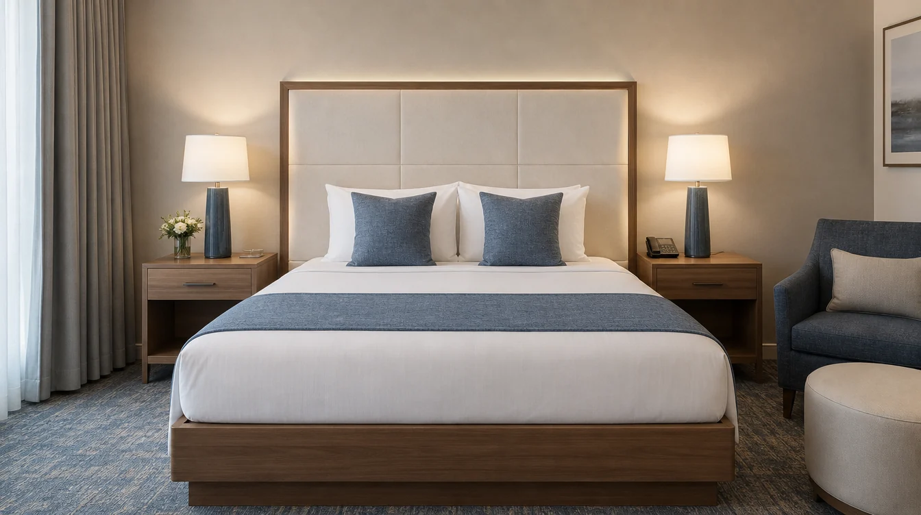 a North Carolina hotel bedside furniture arrangement with a tailored ivory headboard, light walnut bed base and two matching bedside cabinets with clear usable tops, straight-on view from the foot of the bed