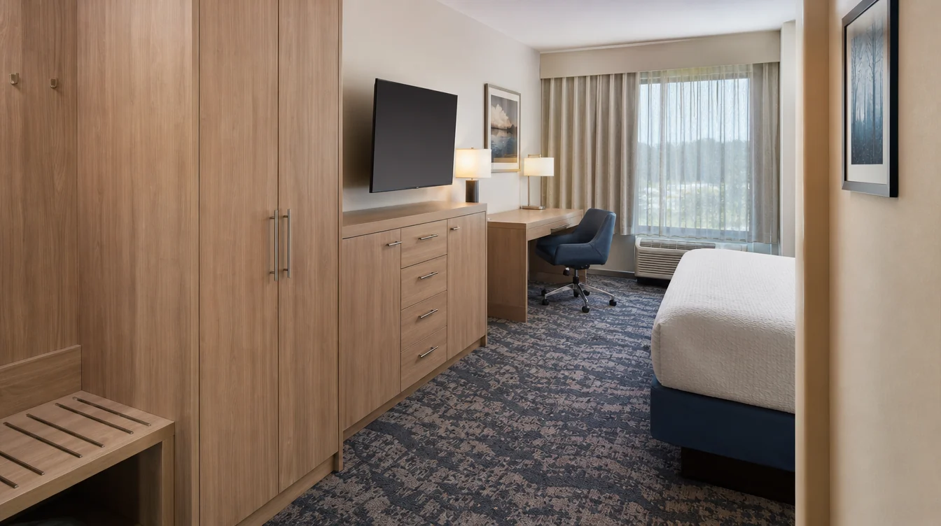 a light walnut hotel wardrobe, dresser, separate luggage bench and writing desk with a slate blue task chair, photographed from the entry of a North Carolina guest room to show open circulation