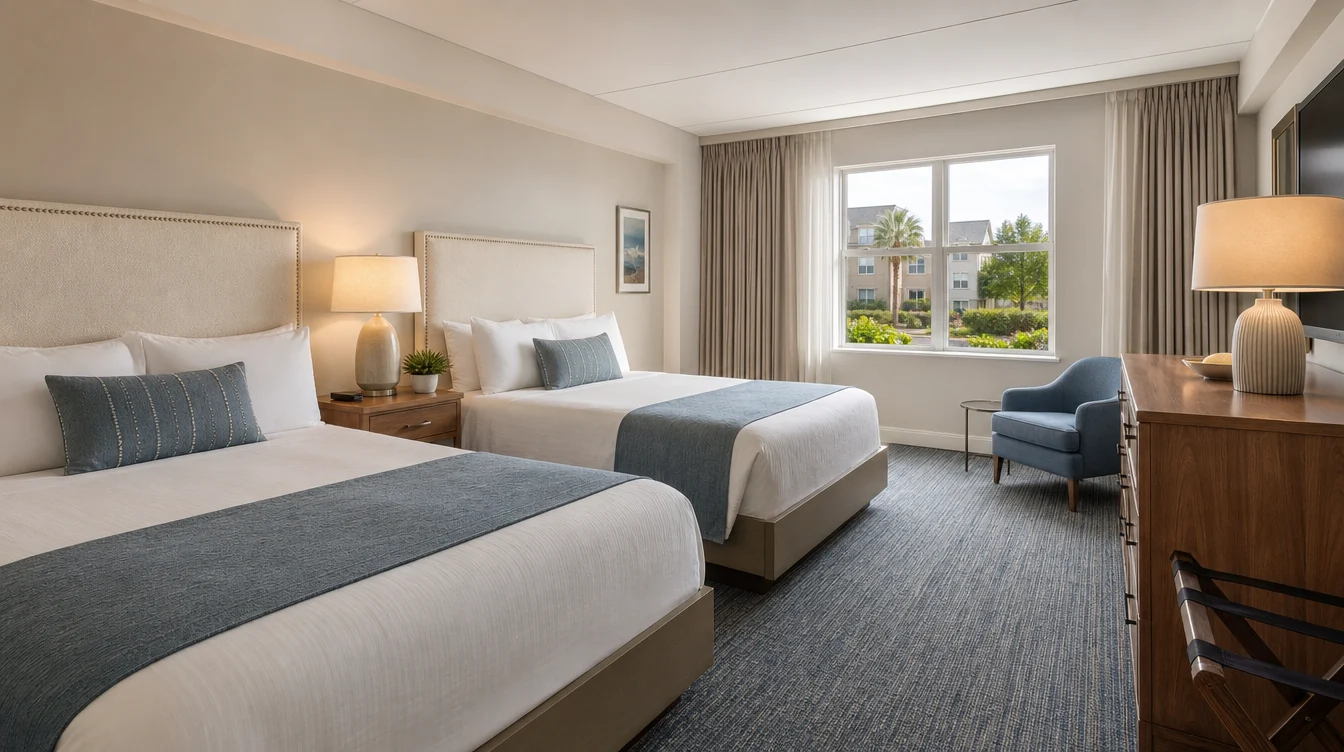 a North Carolina coastal hotel double-queen room with two coordinated ivory headboards, walnut bedside furniture, separate luggage storage and a compact blue sitting chair, soft daylight and modest planted surroundings outside