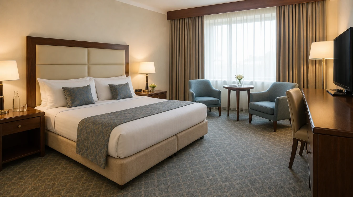 a chestnut wood headboard with warm cream upholstered panels and matching bedside tables beside a well-proportioned hotel bed base