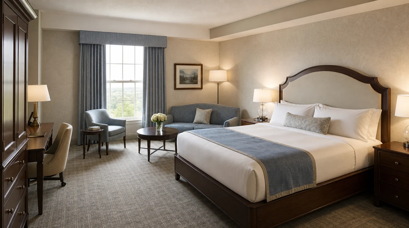 Coordinated hotel bedroom furniture and lounge corner