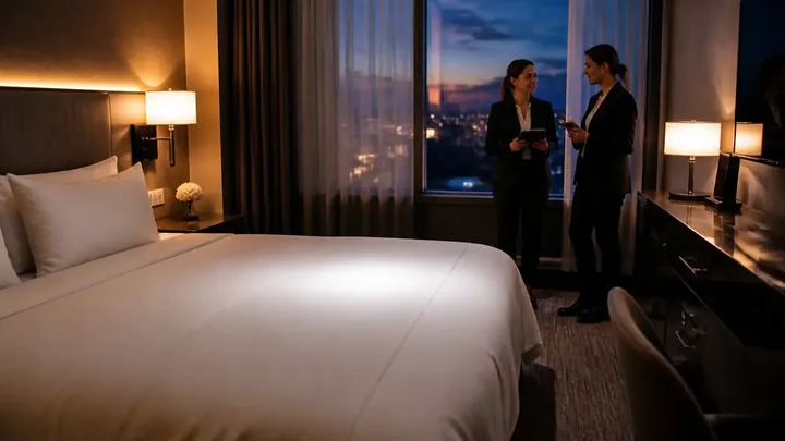 Two staff members stand near a guestroom window at dusk
