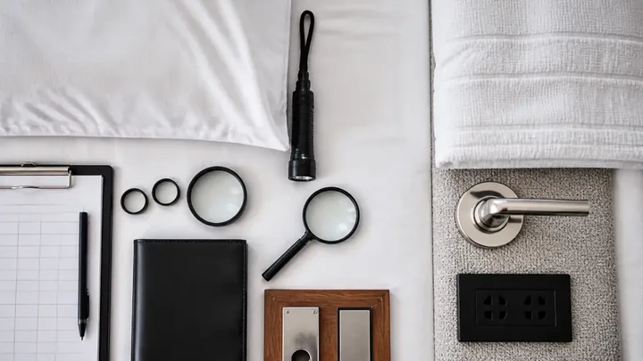 A clipboard, flashlight and magnifying tools arranged beside bed linen and a door handle