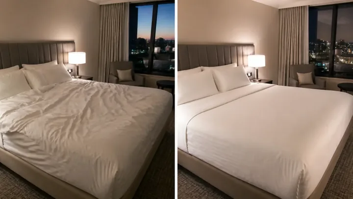 Side-by-side room views show a rumpled bed and a made bed