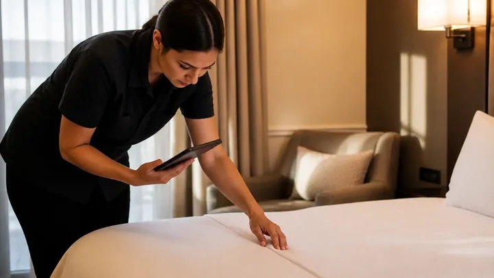 A staff member holds a tablet and touches the linen on a made bed