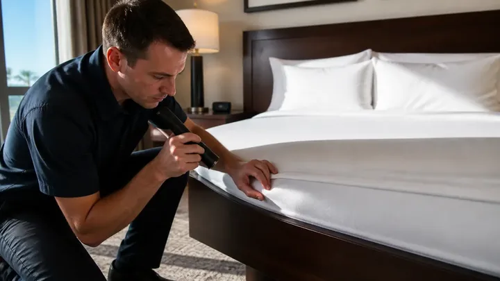 A staff member crouches beside a bed with a handheld light