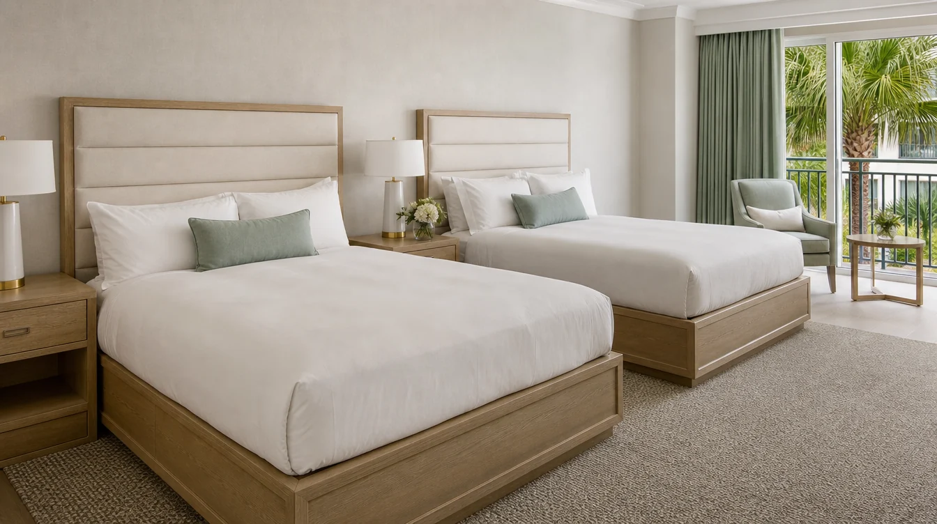 a pale oak hotel bed base and two cream upholstered headboards with coordinated bedside cabinets in a South Carolina double-queen room, eye-level composition clearly showing real furniture proportions