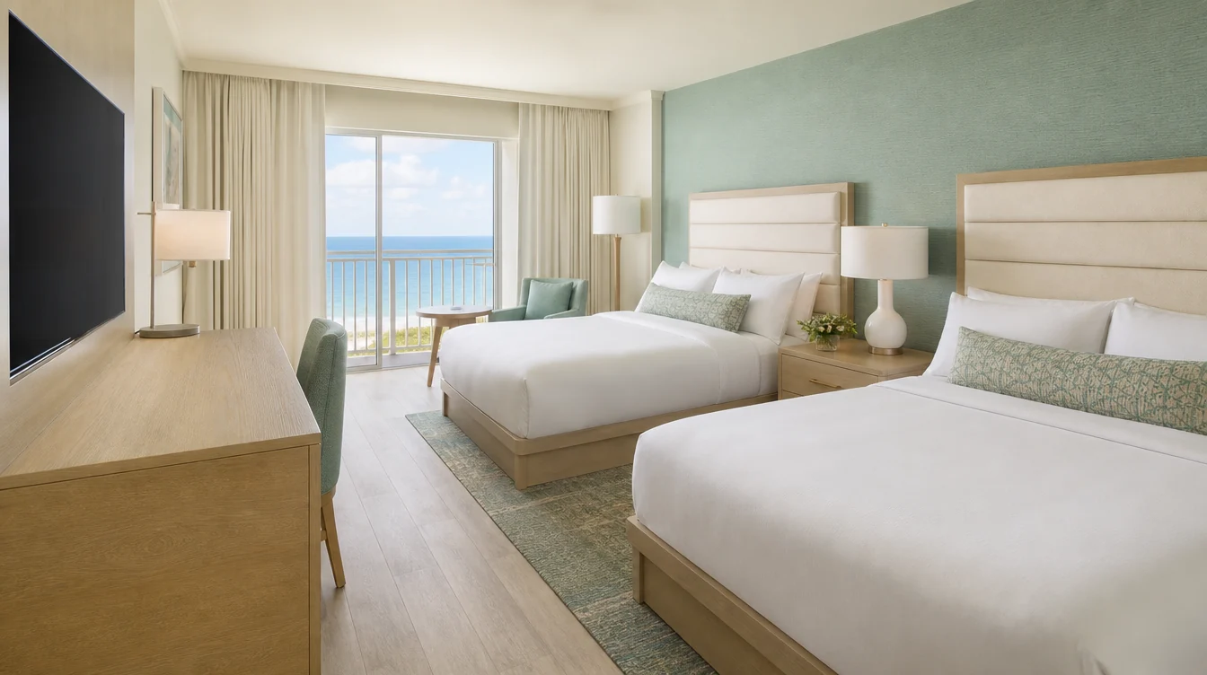 a South Carolina coastal hotel double-queen guest room with pale oak furniture, cream upholstered headboards and sea-green accent seating, generous luggage surfaces and bright gentle daylight