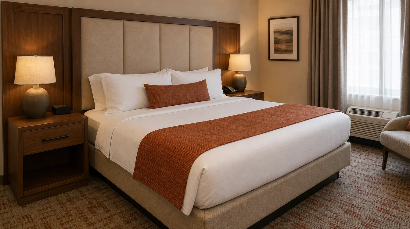 a chestnut hotel headboard frame with oatmeal upholstered panels, substantial matching nightstands and a coordinated bed base in a Tennessee guest room, close three-quarter view with functional bedside surfaces visible