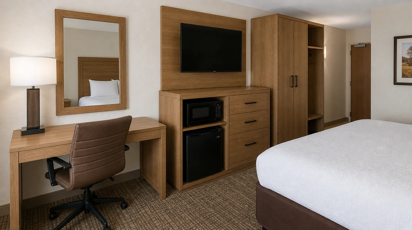 a coordinated oak desk, dresser and wardrobe package in a Texas business hotel guest room, practical handles and usable surfaces visible