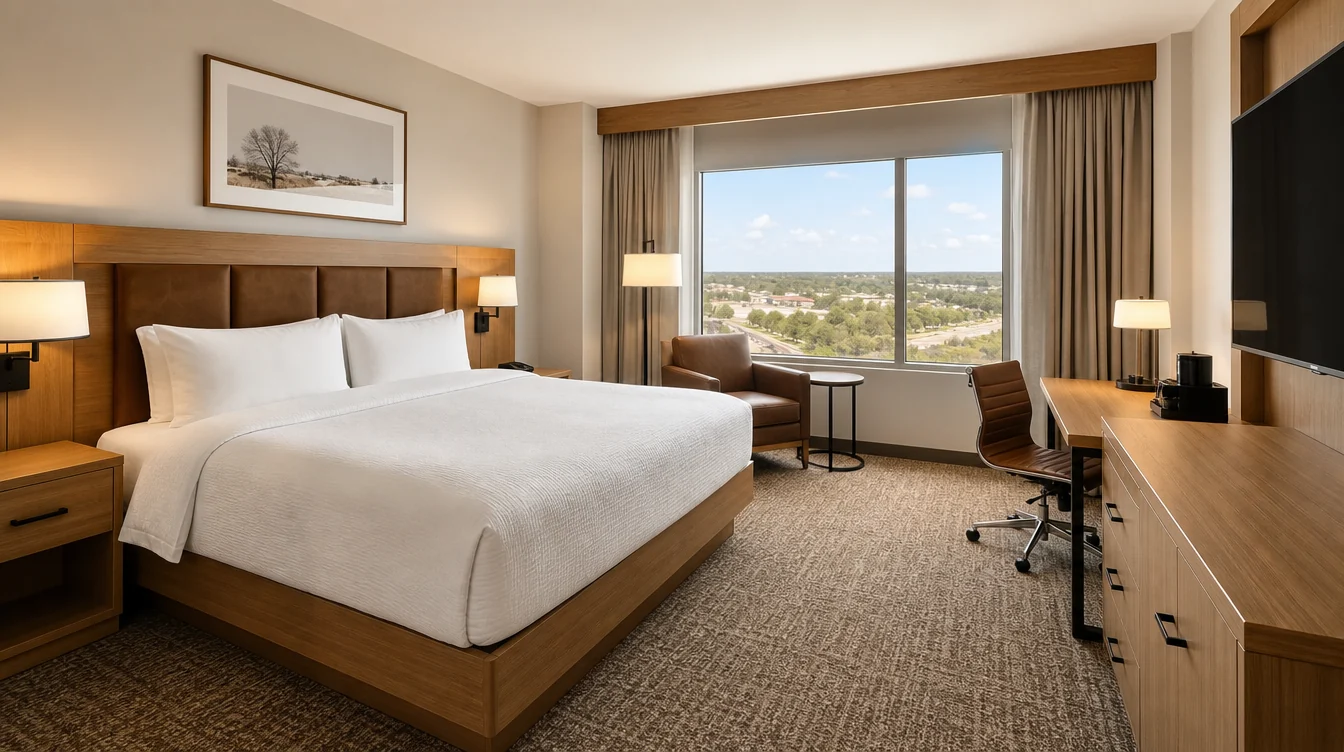 a modern Texas business hotel king room with medium oak casegoods, warm white bedding and a tobacco leather-look lounge chair beside a broad window