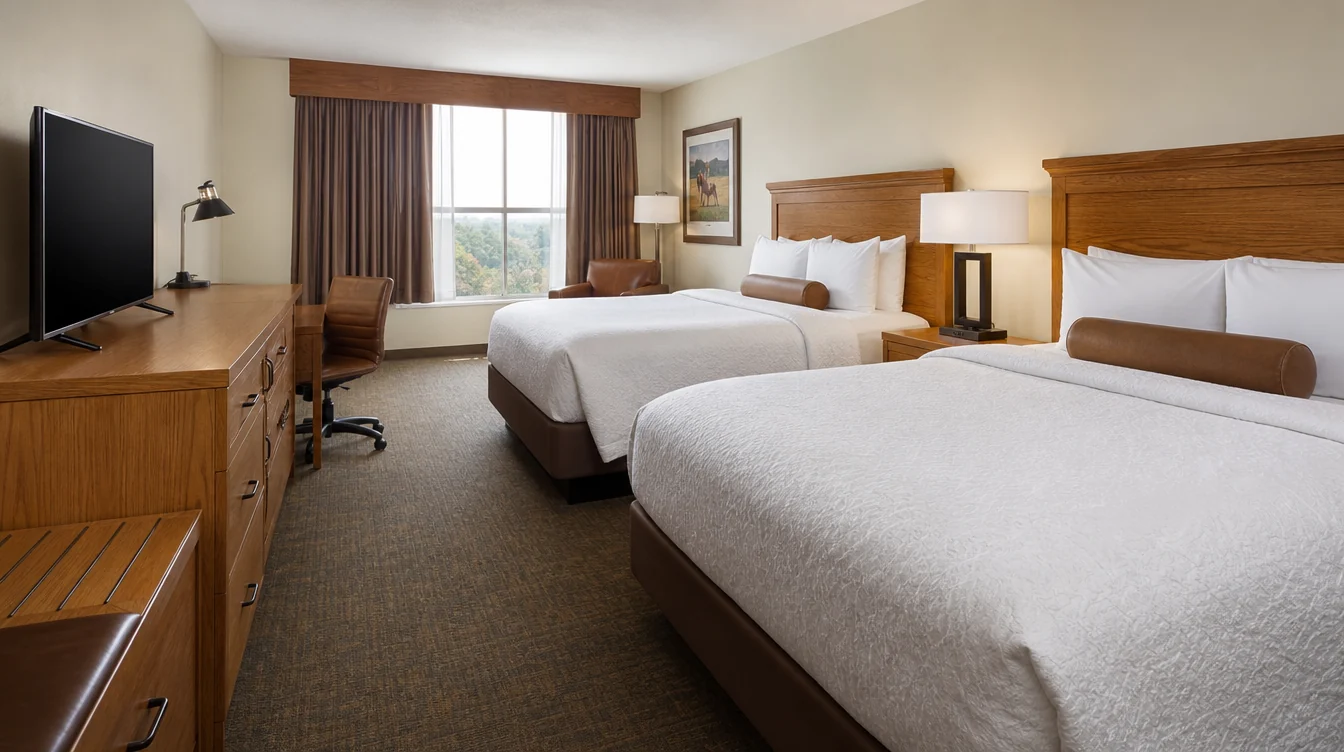 a Texas hotel double-queen room with repeated oak headboards, matching bedside tables and a well-defined work and luggage area