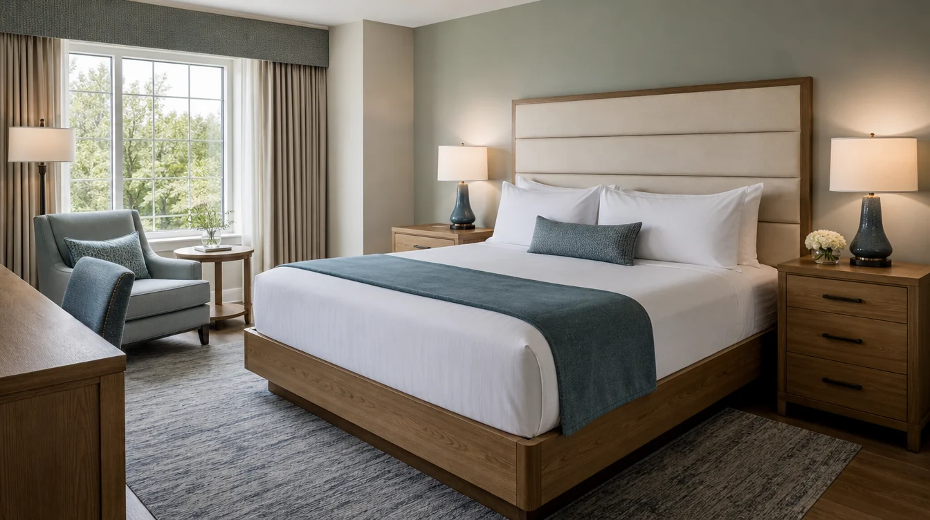 a Virginia hotel bed zone with an ivory upholstered headboard, medium oak bed base and well-proportioned matching nightstands, clear bedside surfaces and visible drawer hardware
