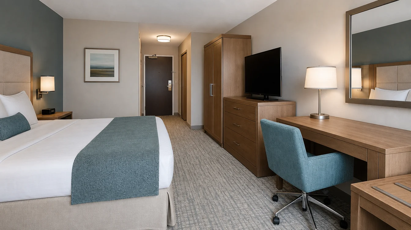 a medium oak wardrobe and dresser coordinated with a separate writing desk and luggage bench in a Virginia business hotel guest room, blue-green upholstered desk chair and uncluttered circulation