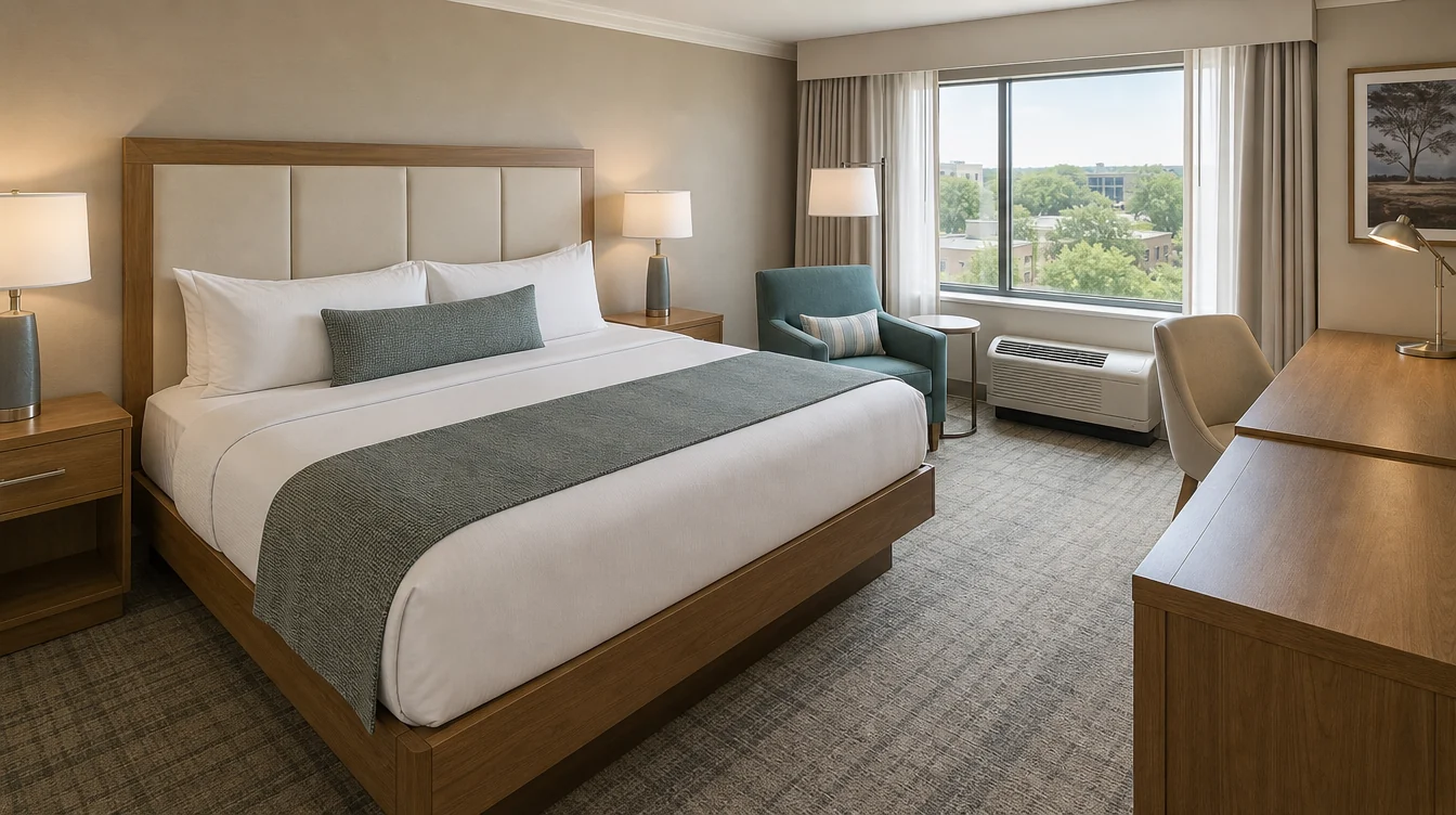 a Virginia hotel king guest room with medium oak furniture, an ivory upholstered headboard, a practical writing desk and a muted blue-green lounge chair, soft daylight through windows toward leafy low-rise buildings