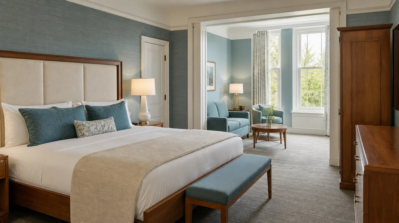 a Virginia hotel suite bedroom in a building with traditional tall windows, ivory headboard upholstery and medium oak casegoods connected to a compact blue-green sitting area, realistic modern hotel furniture
